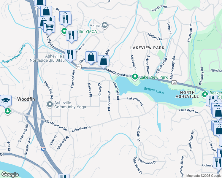 map of restaurants, bars, coffee shops, grocery stores, and more near 111 Westwood Road in Asheville