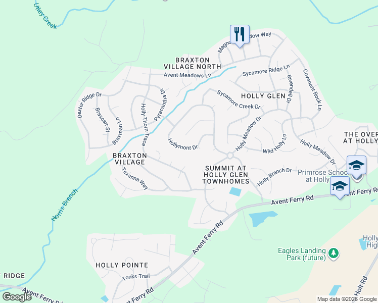 map of restaurants, bars, coffee shops, grocery stores, and more near 113 Braxton Village Way in Holly Springs