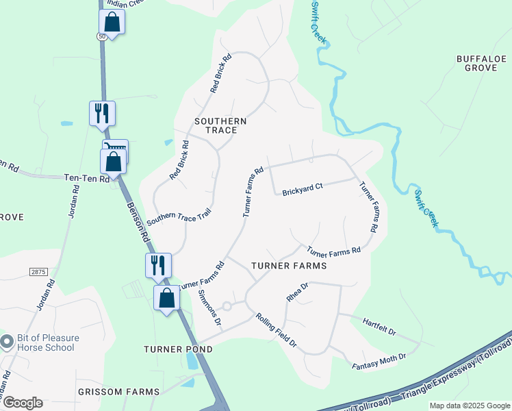 map of restaurants, bars, coffee shops, grocery stores, and more near 1120 Turner Farms Road in Garner