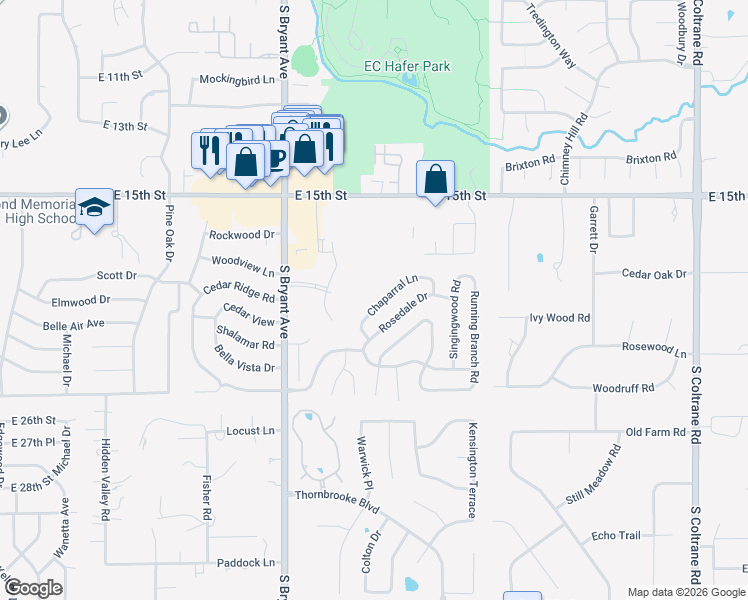 map of restaurants, bars, coffee shops, grocery stores, and more near 1720 Chaparral Lane in Edmond