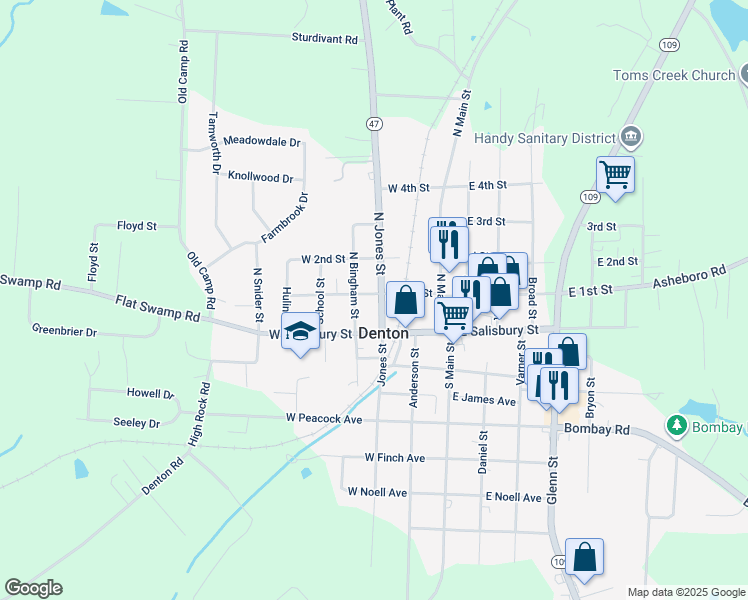 map of restaurants, bars, coffee shops, grocery stores, and more near 81 North Jones Street in Denton