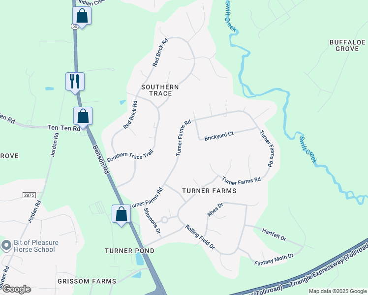 map of restaurants, bars, coffee shops, grocery stores, and more near 1120 Turner Farms Road in Garner