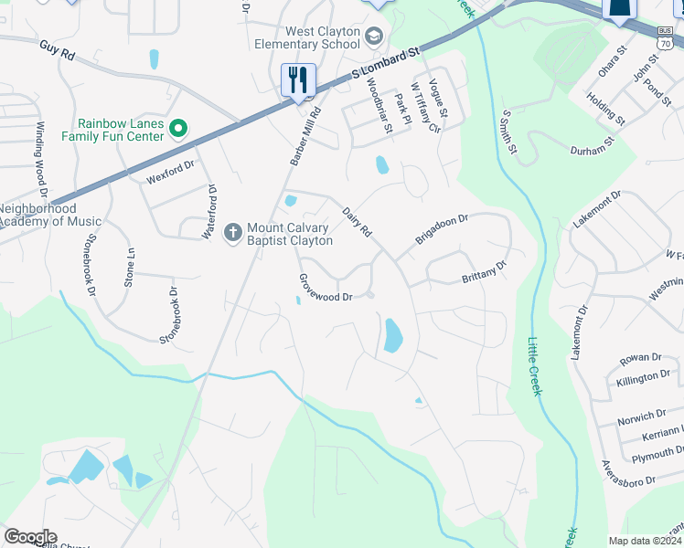 map of restaurants, bars, coffee shops, grocery stores, and more near 2032 McKinnon Drive in Clayton