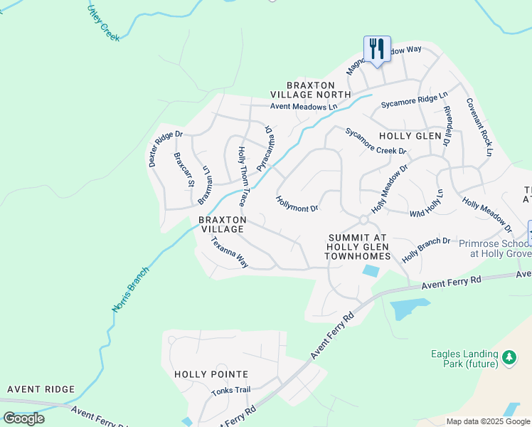 map of restaurants, bars, coffee shops, grocery stores, and more near 108 Bettsbury Lane in Holly Springs