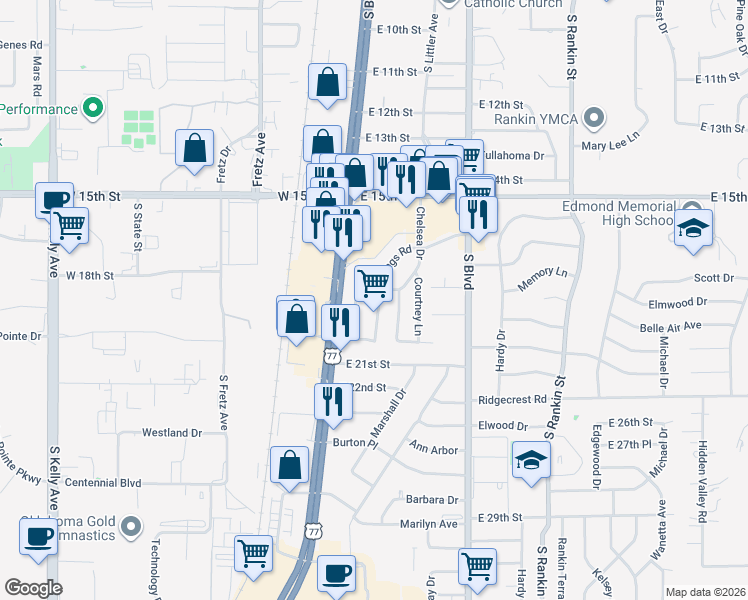 map of restaurants, bars, coffee shops, grocery stores, and more near 1828 Chelsea Drive in Edmond