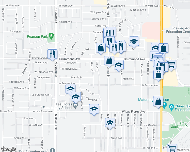 map of restaurants, bars, coffee shops, grocery stores, and more near 730 Sherri Street in Ridgecrest