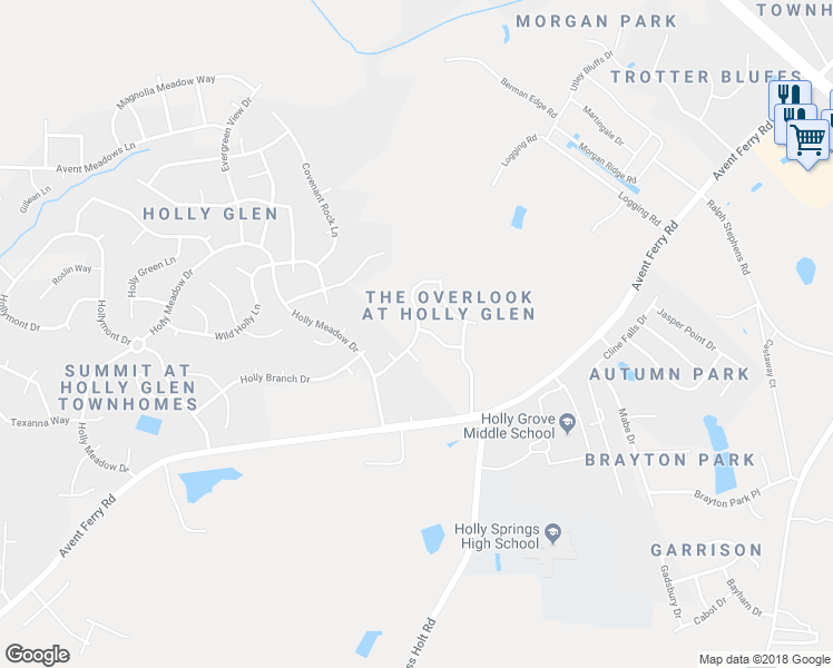 map of restaurants, bars, coffee shops, grocery stores, and more near 308 Shorehouse Way in Holly Springs