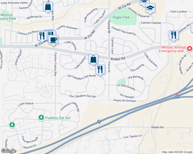 map of restaurants, bars, coffee shops, grocery stores, and more near 2918 Calle Derecha in Santa Fe