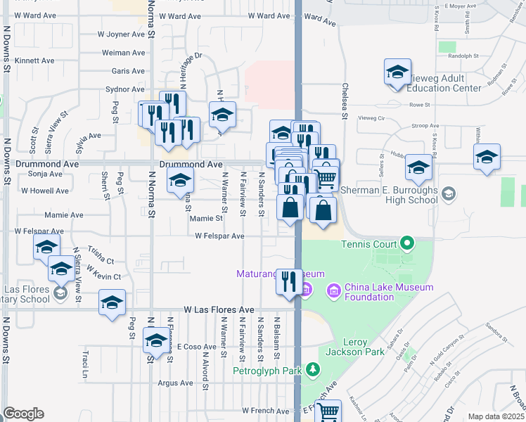 map of restaurants, bars, coffee shops, grocery stores, and more near 714 North Sanders Street in Ridgecrest