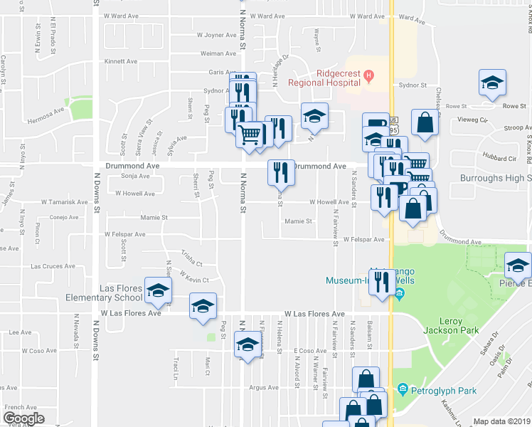 map of restaurants, bars, coffee shops, grocery stores, and more near 722 North Norma Street in Ridgecrest