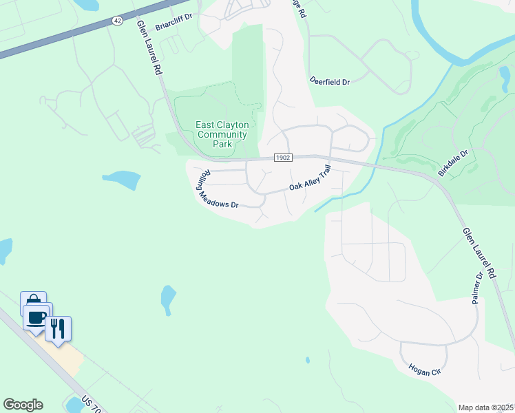 map of restaurants, bars, coffee shops, grocery stores, and more near 545 Rolling Creek Circle in Clayton