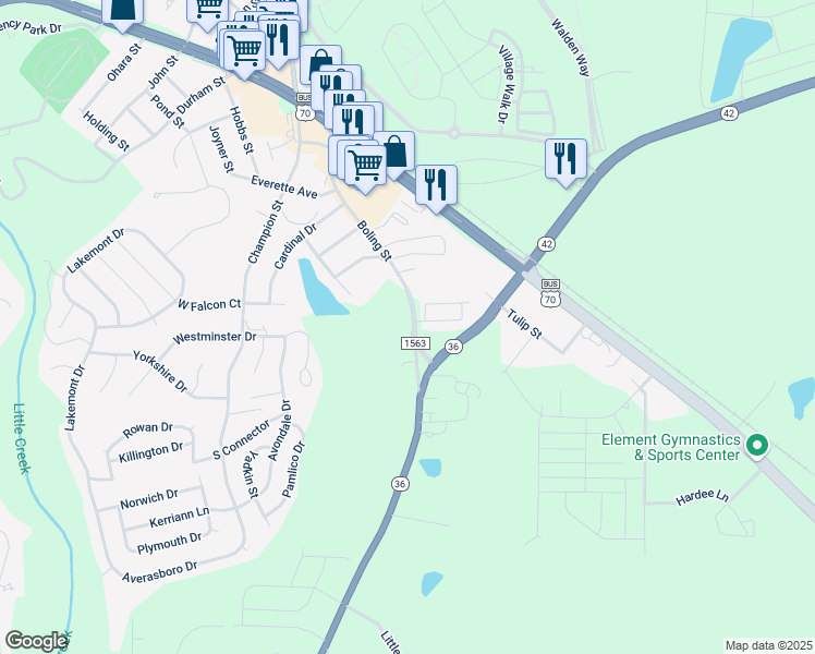 map of restaurants, bars, coffee shops, grocery stores, and more near 6235 Little Creek Church Road in Clayton