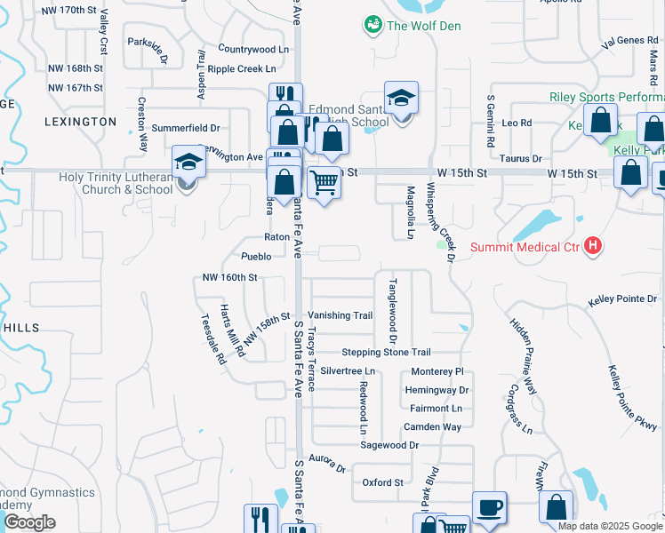 map of restaurants, bars, coffee shops, grocery stores, and more near 2112 Lazybrook Trail in Edmond