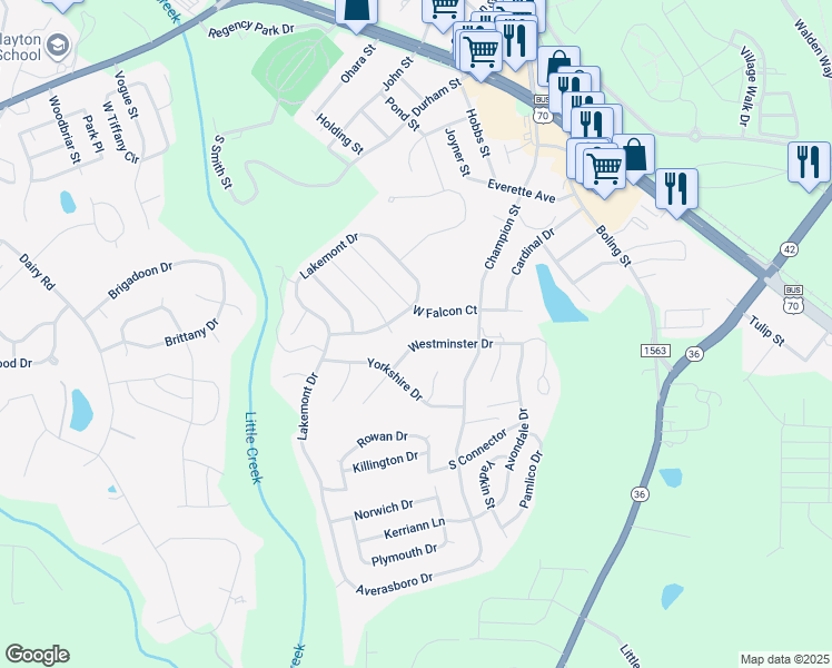 map of restaurants, bars, coffee shops, grocery stores, and more near 417 Westminster Drive in Clayton