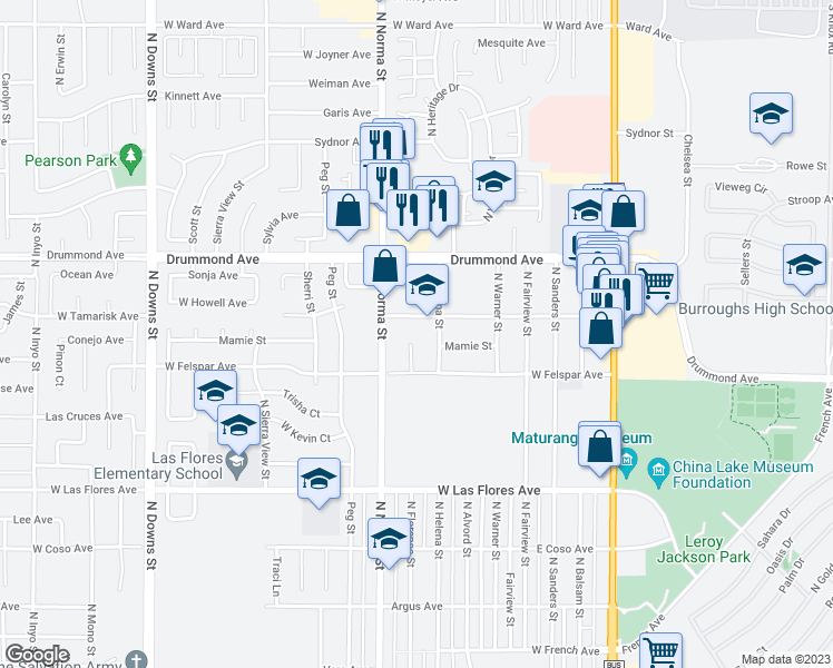map of restaurants, bars, coffee shops, grocery stores, and more near 724 North Florence Street in Ridgecrest