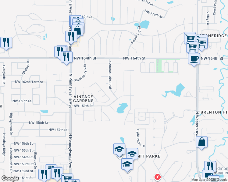 map of restaurants, bars, coffee shops, grocery stores, and more near 16100 Sonoma Lake Boulevard in Edmond