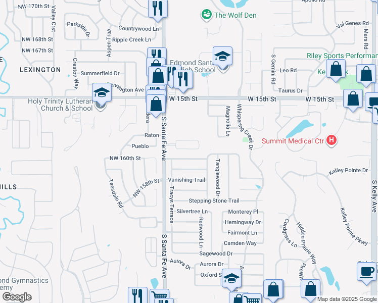 map of restaurants, bars, coffee shops, grocery stores, and more near 2112 Lazybrook Trail in Edmond