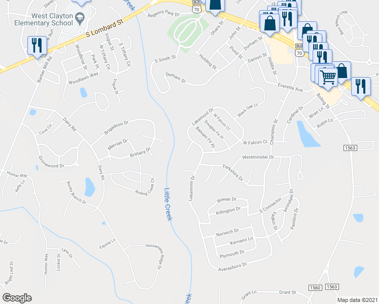map of restaurants, bars, coffee shops, grocery stores, and more near 55 Onyx Court in Clayton