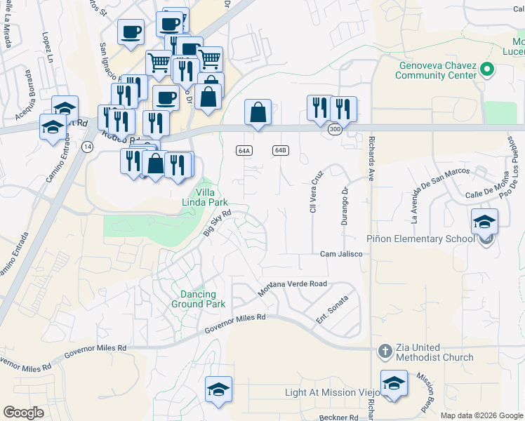 map of restaurants, bars, coffee shops, grocery stores, and more near 4257 Falling Star Lane in Santa Fe