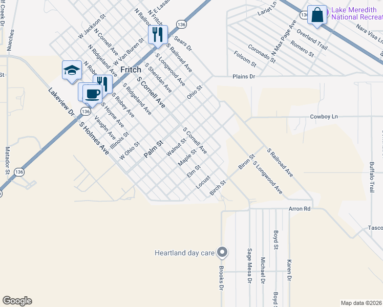 map of restaurants, bars, coffee shops, grocery stores, and more near Maple Street in Fritch