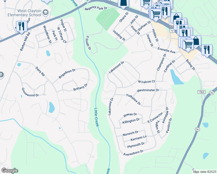map of restaurants, bars, coffee shops, grocery stores, and more near 55 Onyx Court in Clayton
