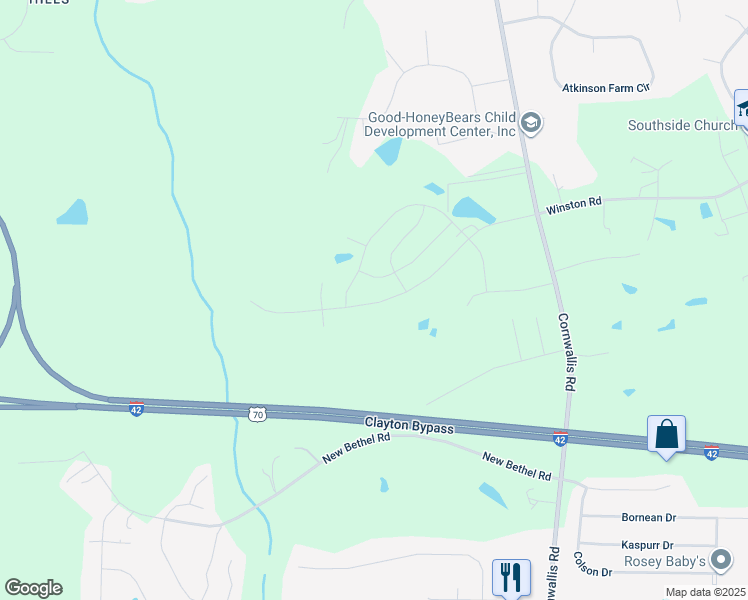 map of restaurants, bars, coffee shops, grocery stores, and more near 6807 Cornwallis Road in Garner