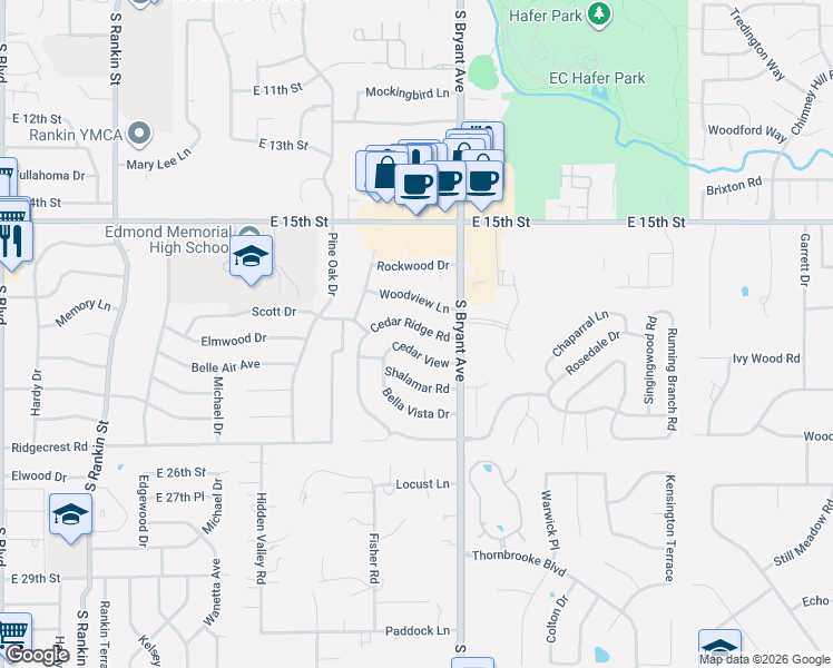 map of restaurants, bars, coffee shops, grocery stores, and more near 1305 Cedar Ridge Road in Edmond