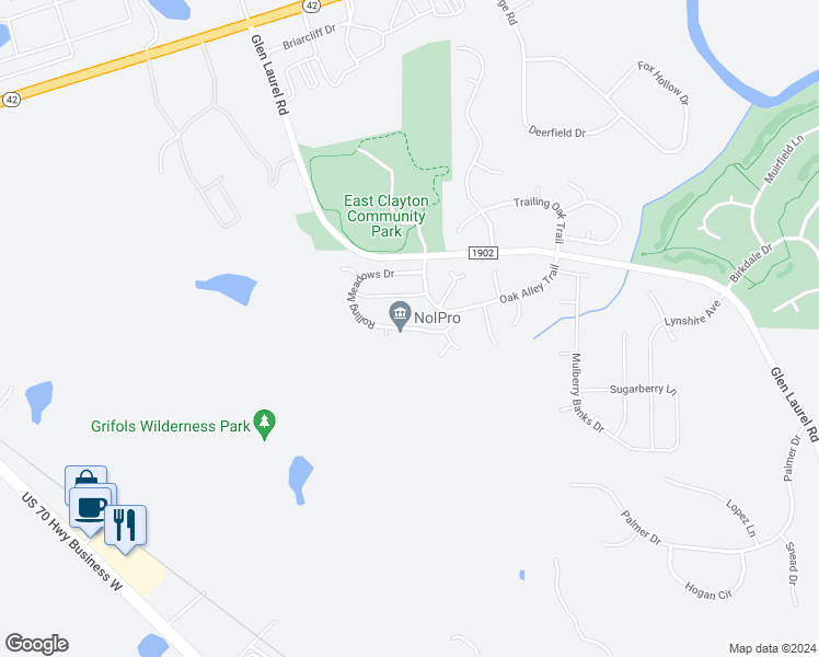 map of restaurants, bars, coffee shops, grocery stores, and more near Rolling Meadows Drive in Clayton
