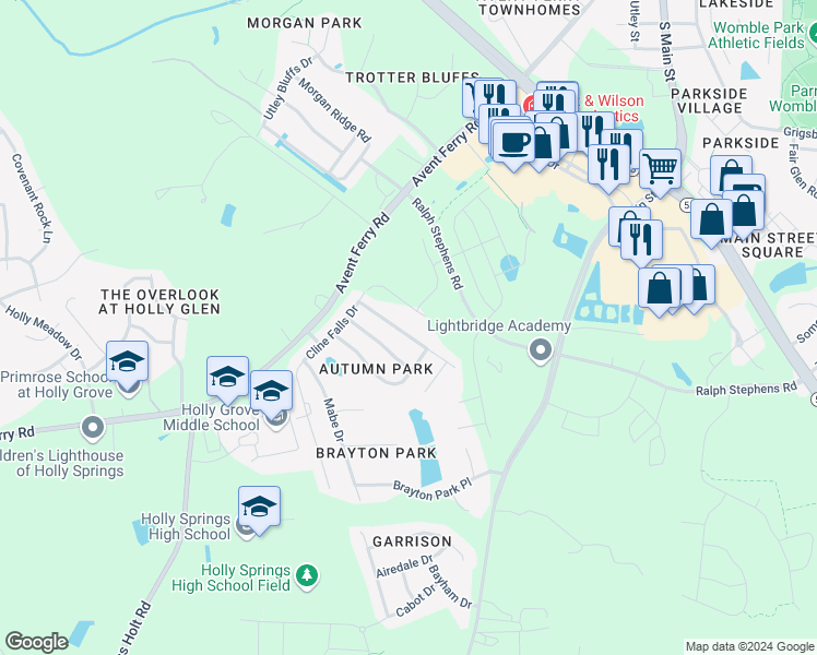 map of restaurants, bars, coffee shops, grocery stores, and more near 145 Jasper Point Drive in Holly Springs