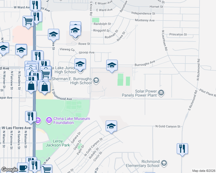 map of restaurants, bars, coffee shops, grocery stores, and more near 500 East French Avenue in Ridgecrest