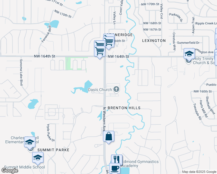 map of restaurants, bars, coffee shops, grocery stores, and more near 16116 North Western Avenue in Edmond