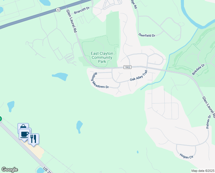 map of restaurants, bars, coffee shops, grocery stores, and more near 439 Rolling Creek Circle in Clayton