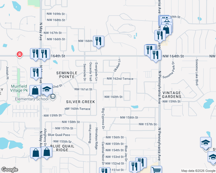 map of restaurants, bars, coffee shops, grocery stores, and more near 2404 Northwest 162nd Terrace in Edmond