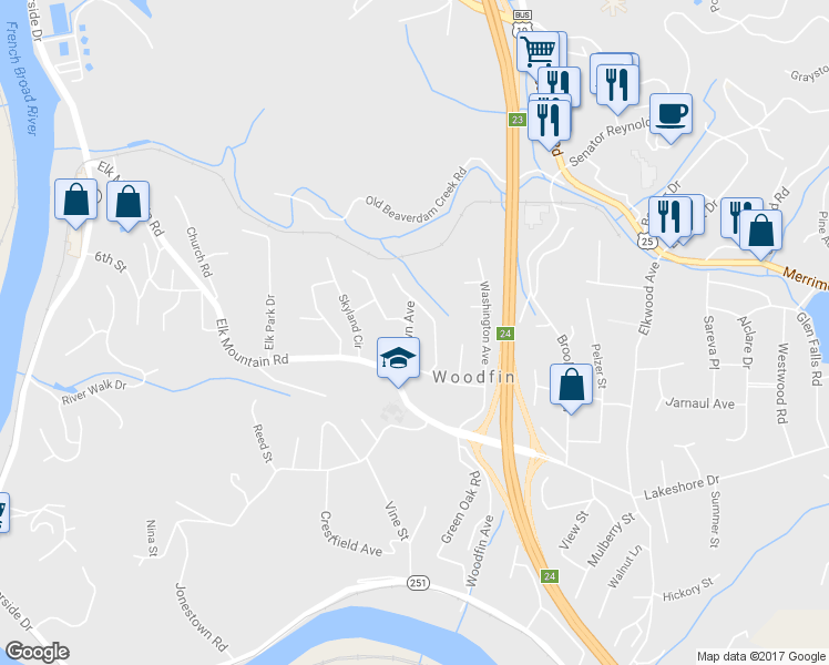 map of restaurants, bars, coffee shops, grocery stores, and more near 23 Brown Avenue in Asheville