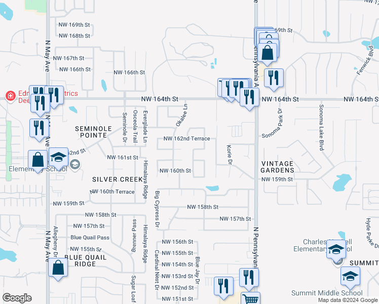 map of restaurants, bars, coffee shops, grocery stores, and more near 16125 Wind Drive in Edmond