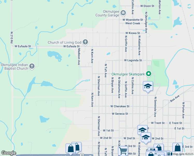 map of restaurants, bars, coffee shops, grocery stores, and more near 1101 West Melrose Street in Okmulgee