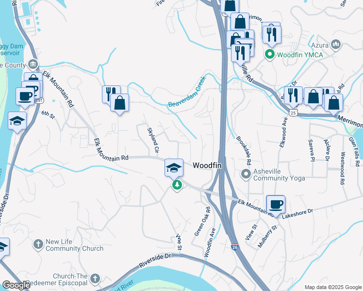 map of restaurants, bars, coffee shops, grocery stores, and more near 23 Brown Avenue in Asheville