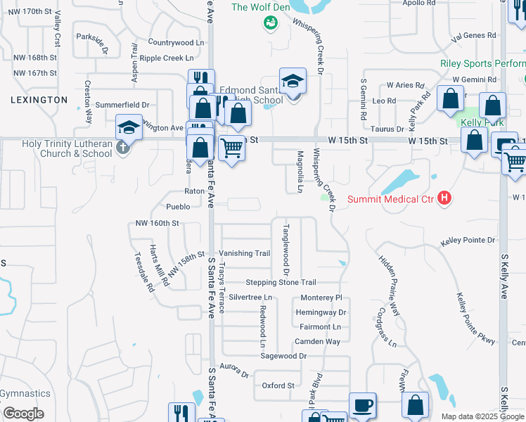 map of restaurants, bars, coffee shops, grocery stores, and more near 1856 Casitas Circle in Edmond