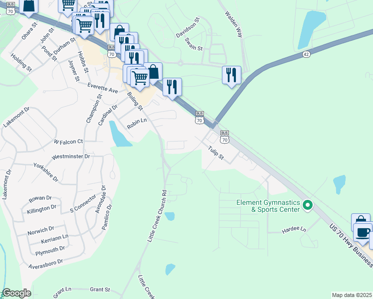 map of restaurants, bars, coffee shops, grocery stores, and more near 142 Sunnyview Lane in Clayton