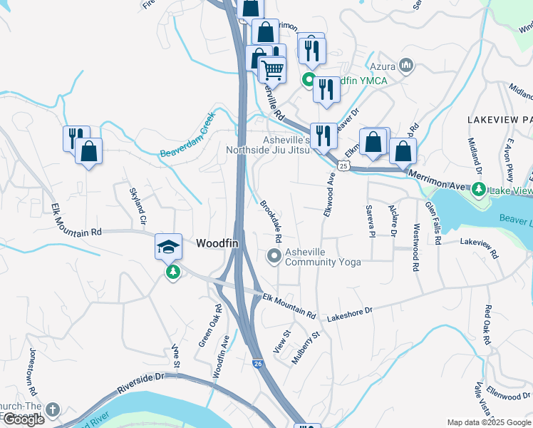 map of restaurants, bars, coffee shops, grocery stores, and more near 60 Brookdale Road in Asheville