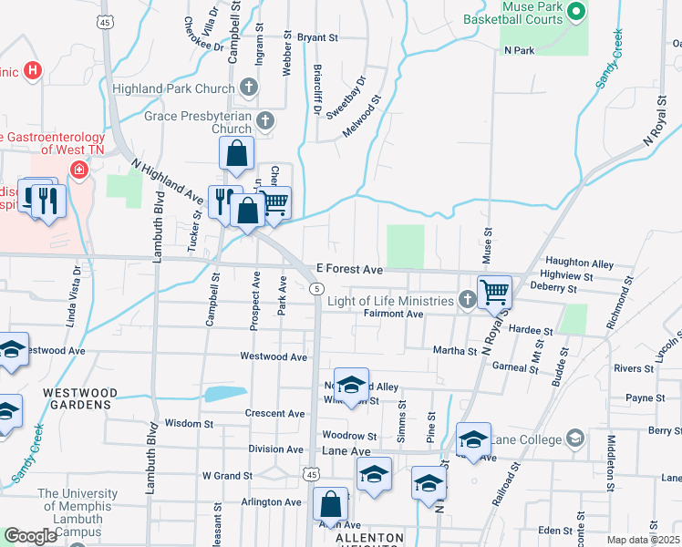 map of restaurants, bars, coffee shops, grocery stores, and more near 190 East Forest Avenue in Jackson