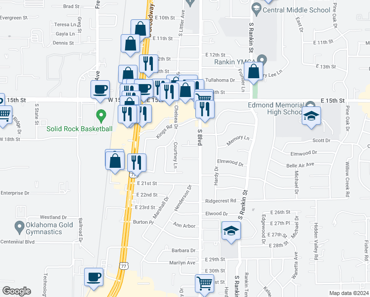 map of restaurants, bars, coffee shops, grocery stores, and more near 113 Sahoma Terrace in Edmond
