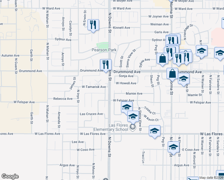 map of restaurants, bars, coffee shops, grocery stores, and more near 843 West Howell Avenue in Ridgecrest