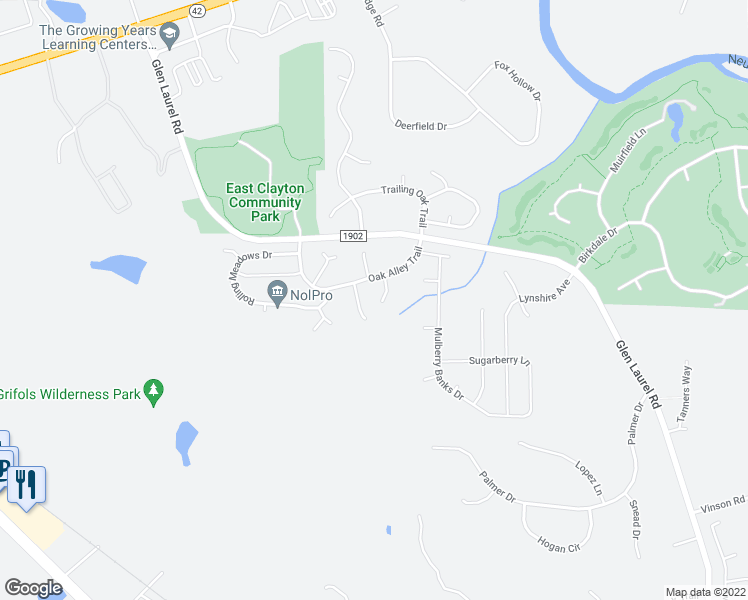 map of restaurants, bars, coffee shops, grocery stores, and more near 78 Standing Oaks Lane in Clayton