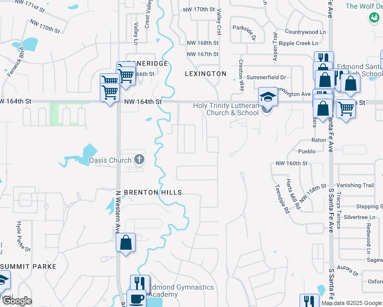 map of restaurants, bars, coffee shops, grocery stores, and more near 604 Northwest 161st Street in Edmond