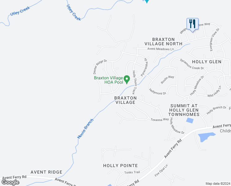 map of restaurants, bars, coffee shops, grocery stores, and more near 329 Braxman Lane in Holly Springs