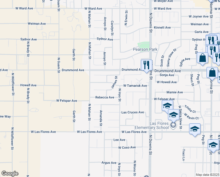 map of restaurants, bars, coffee shops, grocery stores, and more near 721 James Street in Ridgecrest