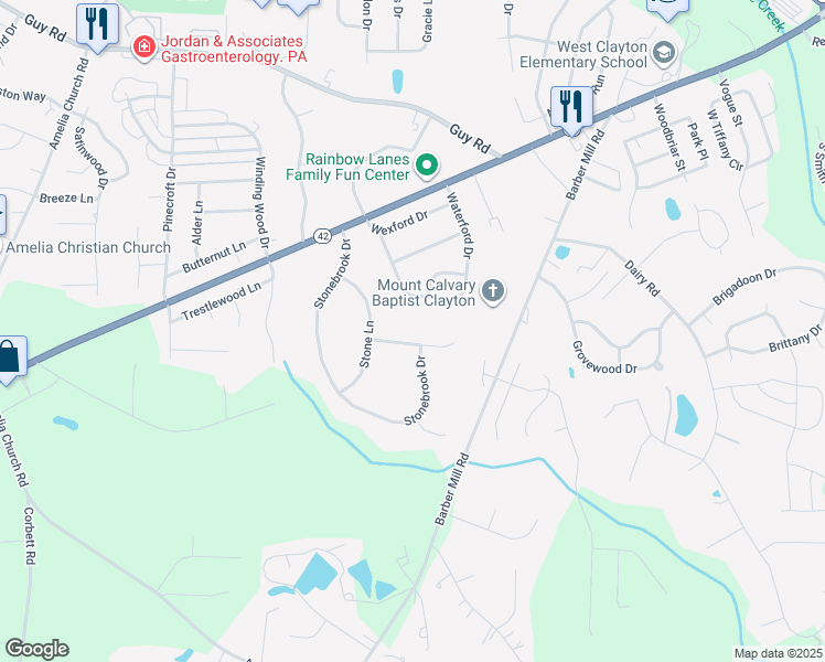 map of restaurants, bars, coffee shops, grocery stores, and more near 147 Eastwood Drive in Clayton