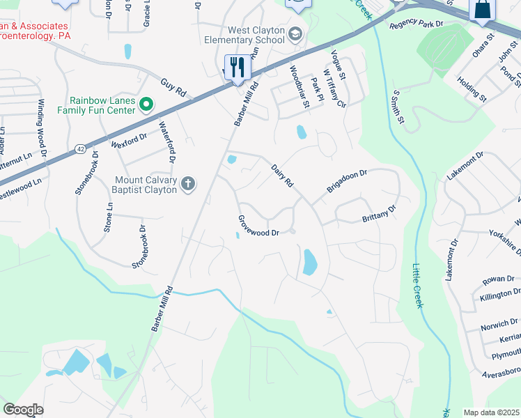 map of restaurants, bars, coffee shops, grocery stores, and more near 2116 McKinnon Drive in Clayton