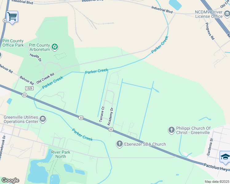 map of restaurants, bars, coffee shops, grocery stores, and more near 310 Academy Drive in Greenville